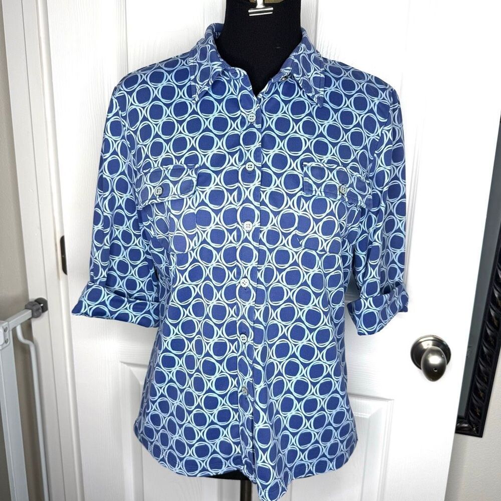 J. McLaughlin Women’s Large Blue Geometric Button Front Shirt 3/4 Sleeve Blouse